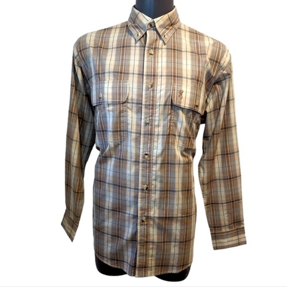 BROWNING tan plaid button down shirt large - Picture 2 of 9